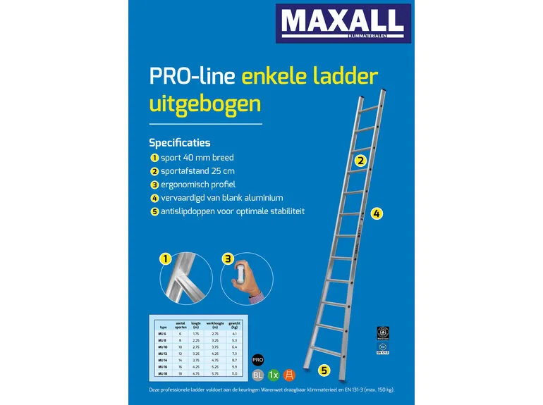 Enkele ladder met uitgebogen bomen (6 t/m 18 sporten)