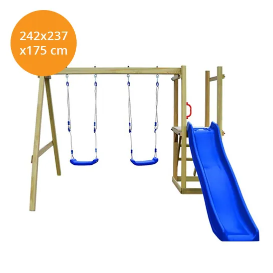 Houten buitenspeelhuizen met glijbaan, ladder en schommels