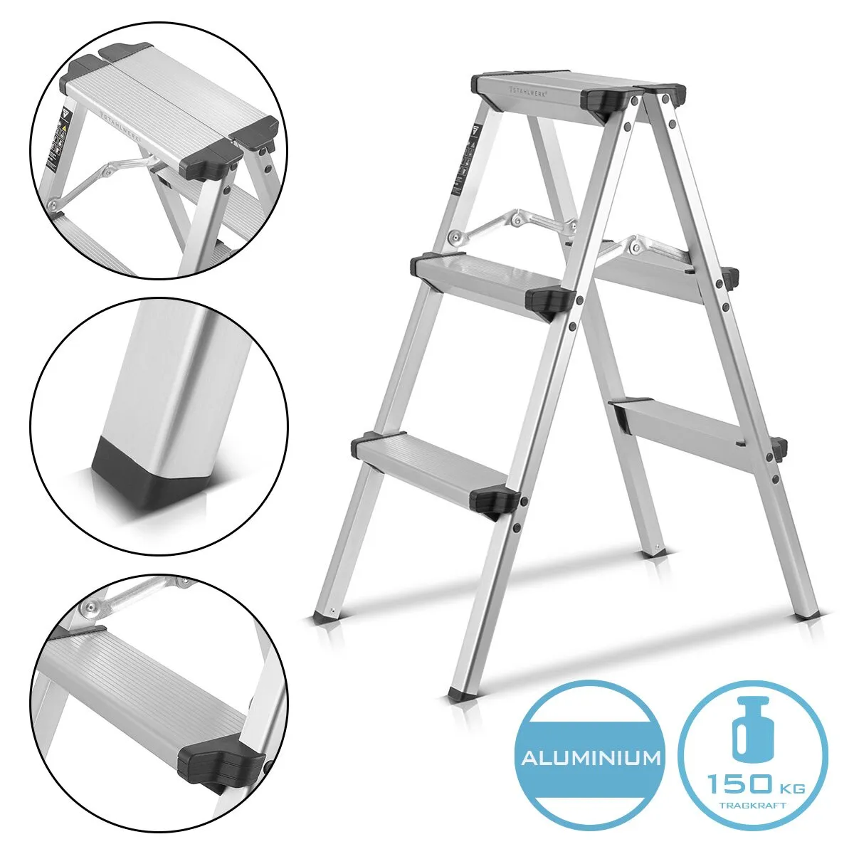 STAHLWERK ALT150 ST ALUMINIUM TRAPLADDER TOT 150 KG, 3 TREDEN, STAHOOGTE 72 CM, ALUMINIUM LADDER | VOUWLADDER | VOUWLADDER | MU