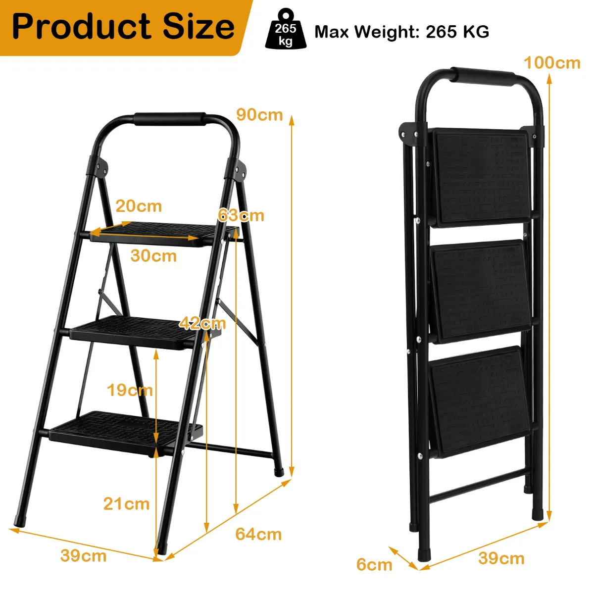 Trapladder met 3 Treden Vouwladder Ladder met Antislip Leuning en Platform Metalen Huishoudladder Zwart